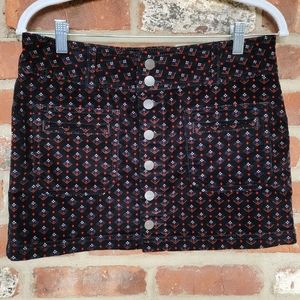 New Free People Printed Black Corduroy Button Up "Joanie" Mini Skirt | size 27